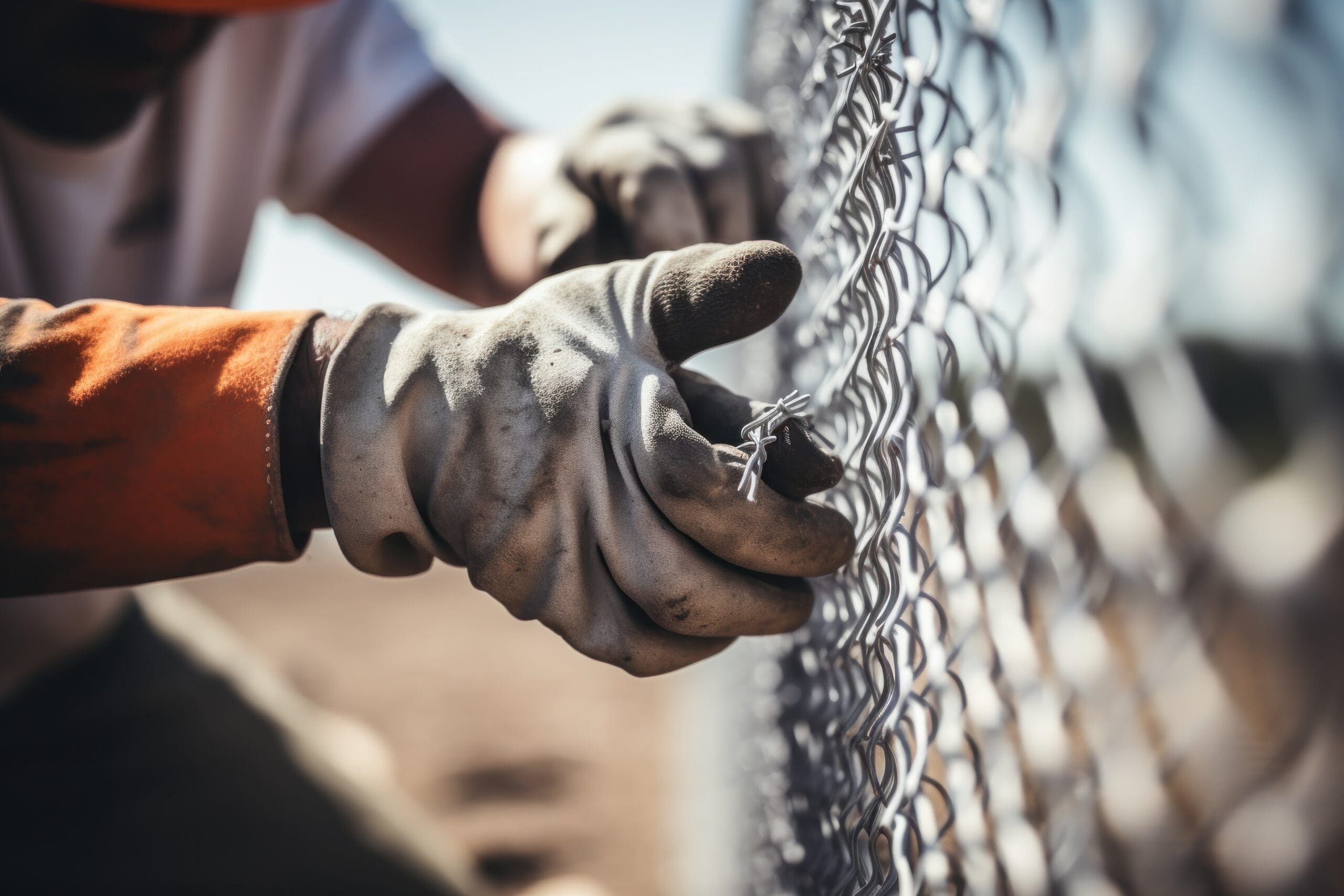 Man workers wearing safety helmets and gloves install chain wire mesh fence.